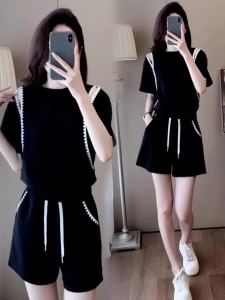 Slimming Sportswear Set for Women Casual Summer New Style Shoulder Bared Short Sleeve Shorts Two Piece Set Polyester Fiber