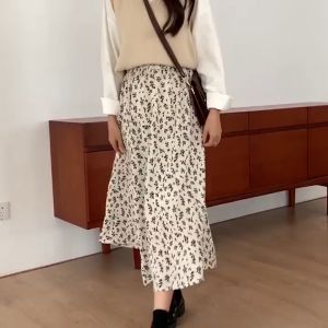 Newlan Qz005 Rok Korean Style Panjang A-Line Pinggang Tinggi Rok Floral (Panjang 74-76cm)