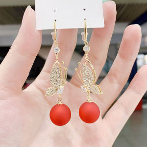 New Spring New Arrival Red Pearl Earrings Diamond-Embedded South Korea Graceful Online Influencer Womens Earrings Fancy Earrings Super Fairy