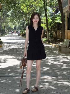 VKSOD | Womens Summer V-neck Sleeveless Vest Top Half-length Skirt Two-piece Set Lightweight Commute Fashion Black Mini Skirt