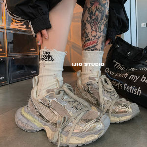 Ijio "Store Celebration Commemorative Model" Retro Tattered Jeans Embroider Letters Bunching Socks Street Sports Style Ins Tube Socks