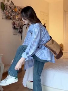 BINKAFENNY | Blue Plaid Shirt Womens Collar Fashionable Early Autumn New Style Casual Loose Long Sleeve Polo Neck Mid-Length Open Cardigan