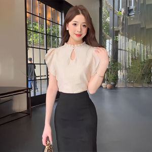 เสื้อเชิ้ตผู้หญิงคอตั้งแขนพองสไตล์ฝรั่งเศส ผ้าชีฟอง แฟชั่นฤดูร้อน เสื้อเชิ้ตแขนยาวทรงตรง ผ้าฝ้ายผสม