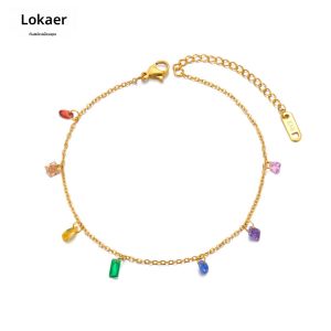 Lokeer สร้อยข้อเท้าแฟชั่นสเตนเลสเพชรสังเคราะห์สีสันสดใสสำหรับกันน้ำสำหรับผู้หญิงสร้อยคอสีทองเพทาย A24003เครื่องประดับอินเทรนด์