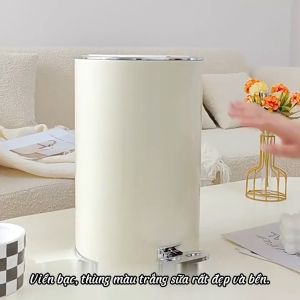 Thùng rác có nắp thùng đựng rác đạp chân chất liệu hợp kim sang trọng chống tiếng ồn màu trắng kem Odela House