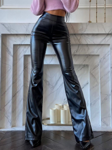 High Waist PU Leather Pants Womens Bell Bottom Trousers Fashionable Glossy Surface Spring Autumn New Style Black Ladies Pants