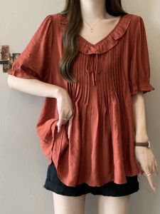 Red Design Pressed Pleat Short Sleeve Womens Summer plus Size Slimming Younger Top Belly Covering Doll Shirt Korean Style T-shirt
