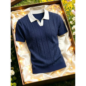 OUMULONG | Navy Jacquard Knit Short Sleeve Polo Shirt for Men Summer Color Block Collar Casual Style