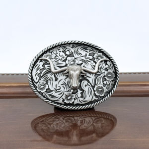 1PC Retro Carved Oval Large Plate Buckle Baseboard Long-horned Bull Head Pattern Casual Versatile Belt Accessory