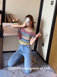 เสื้อยืดไหมพรมลายทางแขนสั้นคอกว้างผู้หญิง 🌈 STBK307 🌈 เผยความเซ็กซี่ Free size แบบสวมหัวแฟชั่นวินเทจ Y2K สุดๆ สินค้ายอดฮิตสำหรับวัยรุ่น