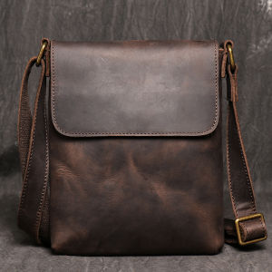 Vintage Genuine Leather Dark Crossbody Bag Phone Bag Fashion Sling Bag MENS Cowhide Shoulder Bag 7.9-inch iPad Bag
