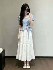 BIFEIMENG | Summer Fashion Blue Check Shirt and White Midi Dress Outfit