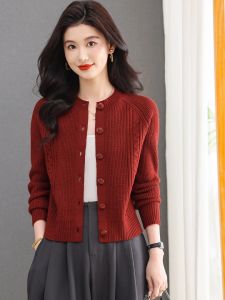 Spring Autumn Short Pure Color Cashmere Open Cardigan Women round Neck Versatile Knitted Sweater Jacket Loose Long Sleeve Top