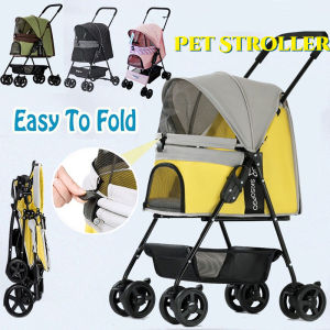 Foldable Pet Stroller for Cats and Dogs: A Compact 4-Wheel Carrier with Storage Basket and Cup Holder