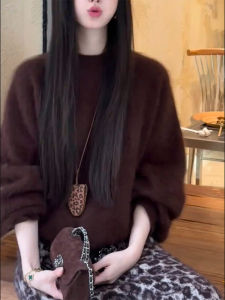 QINGNAER | Laid-back Style Retro Fashionable Oversized Soft Beige Round Neck Long Sleeve Knit Sweater