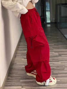 Red Paratrooper Workwear Pants Women Summer Quick Dry American High Street Loose Big Pocket Drawstring Casual Straight Leg Pants