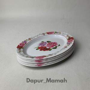 ( 6pcs )Piring Saji Oval Melamin Motif Bunga MEISHING 22cm Tebal Kuat Estetik Piring Saji Makanan Kue