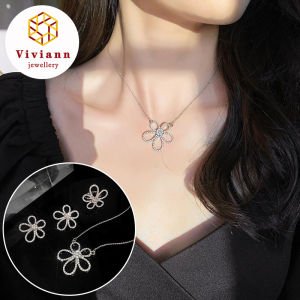 Viviann Original sterling silver Flower Necklace Ring Earring Jewelry Set Womens Clavicle Chain Temperament Jewelry Jewelry Sets Fashion Simple Flower Earrings Necklace Bangles Set for Woman Female Jewelry Gift