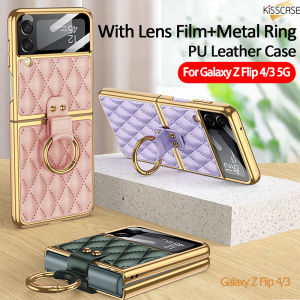 [With Lens Film & Metal Ring] KISSCASE For Samsung Z Flip5 5G Flip4 Flip3 Case Holder PU Plain Leather Electroplating Shell Ring Bracket Holder Hard Cover Membrane Integrated Diamond Case For Galaxy Z Flip 5 5G Flip 4 5G Flip 3