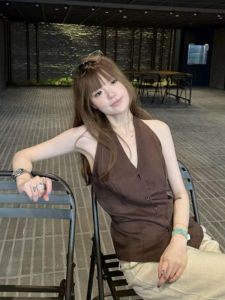 YUEZHONGWEI | French Style V-neck Brown Hanging Neck Tank Top Women Summer Outwear Slim Fit Sleeveless Shirt Fashionable Commute Style