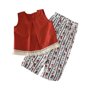 Bear Leader Summer Casual Girls Clothes Korean Version Simple Childrens Clothing Red Sleeveless Tassel Top+Flower Print Pants 2 To 7 Years Kids Wear