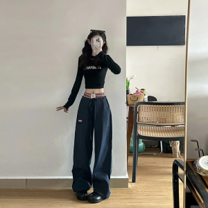 Quần Ống Rộng Cạp Cao Kẻ Caro Phong Cách Retro Cho Nữ Mùa Thu Quần Thường Ngày Rộng Rãi Giả Hai Mảnh Quần Áo Công Sở