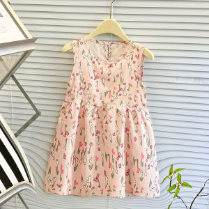 Lightweight Summer Dress for Girls Bubble Cotton Sleeveless Vest Dress Baby Floral Long Skirt High Waist Polyester Fiber