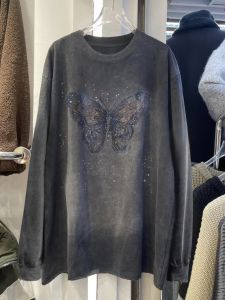 Large Size Womens Vintage American Washed Long Sleeve T-Shirt Rhinestone Base Shirt Top for Early Autumn Commute Casual