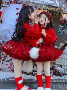 ชุดกระโปรง Tutu ฤดูใบไม้ร่วง/ฤดูหนาว ชุดเด็กผู้หญิง สีแดง เสื้อสเวตเตอร์ครึ่งตัว ชุดปีใหม่ เสื้อผ้าเด็ก ชุดปาร์ตี้คริสต์มาส