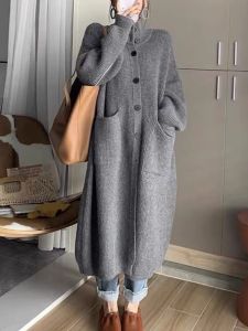 เสื้อสเวตเตอร์ถักคอสูงสไตล์เกาหลีสำหรับผู้หญิง แขนยาว สีสันสดใส ทรงหลวม ฤดูใบไม้ร่วง/ฤดูหนาว เสื้อคลุมคาร์ดิแกนถักแบบยาวปานกลาง