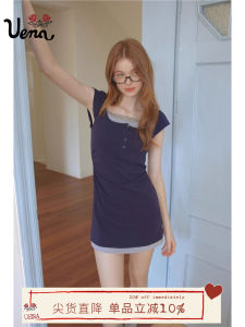 ชุดเดรสยาวทรงเอคอเหลี่ยม Uena Star Dark Blue Lace Trim ชุดสองชิ้นปลอม ชุดเดรสยาวปานกลาง แขนกุด ทรงเอ ฤดูใบไม้ผลิและฤดูร้อน