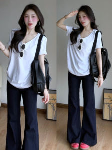 Kming | Áo thun nữ tay ngắn màu trắng cổ chữ V mùa hè thiết kế mới dáng rộng thoải mái cotton 90% polyester 10%