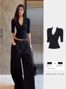 V-neck Trendy Black Short Sleeve T-Shirt