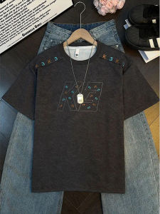 OUMULONG | American Style Tie-Dye Embroidery Regular Shoulder T-Shirt