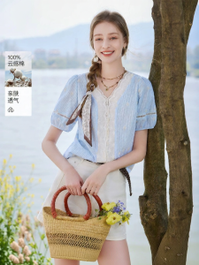 XIANGYING | French Style Puff Sleeves Intelligent Lace Cotton Shirt