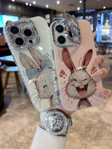 Cute Cartoon Rabbit And Cat Phone Case with Stand Diamond Frame Lens Film Protection Cover for Apple Series iPhone 16 Promax