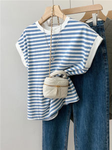Luxury Brand Womens T-Shirt Sleeveless Striped Blue Cotton Blouse Unique Summer Style Casual Work Clothing