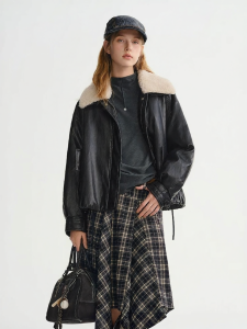 DUSHU | Fluffy Collar Protein Leather Down Jacket
