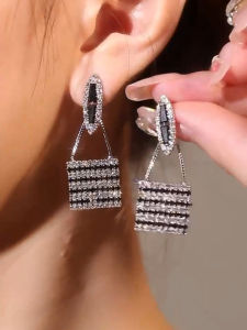 925 Silver Needle Full Drill Bag Tassel Earrings Black White Stripes Elegant Exquisite Handmade Fashion Jewelry for Women