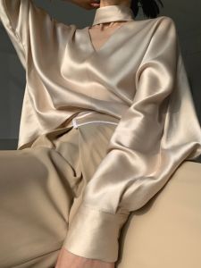 French Elegant Long Sleeve V-Neck Womens Shirt Acetate Satin Necktie Design Commute Style Korean Version Loose Fit Button Detail