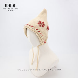 Hand Knitted Baby Hat Winter Ear Protection Snowflake Design Cute Elf Cap Red Color Woolen Knitwear for Infants And Toddlers