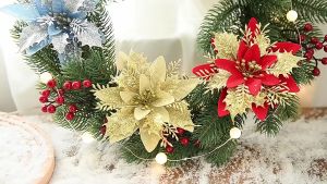 10Pcs /Set Christmas Glitter Christmas Flowers Faux Flowers Christmas Wreaths Decorative Flowers Christmas Tree Decorations Christmas Accessories