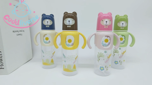 250ml baby bottle standard caliber food grade silicone nipple safety material with handle PP baby bottle bear shaped design cute cartoon print blue/pink/green/coffee color