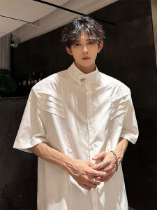 Shoulder Pad Shirt Mens Short Sleeve Design Sensation Small Audience New Chinese Style Shirt High-End Feeling Handsome Mens Half Sleeve