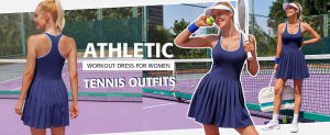 Charmo Women Tennis Dress with Built in Shorts and Bras Pleated Golf Dress Seamless Athletic Dress