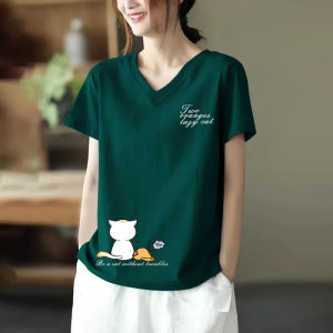 New 2025 Womens Loose Fit Cotton Short Sleeve V-Neck T-Shirt Korean Style Base Layer Shirt Slimming Summer Fashion