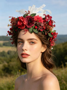 Serene Style Wine Red Rose Artificial Flower Garland Headpiece for Bridesmaid at Wedding Hair Accessory for Vacation Photo Shoot