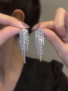 Fancy Zircon Geometric Tassel Earrings Female Summer Accessible Luxury Special-Interest Design Ins Cold Wind New Arrival Tide 925 Silver Needle