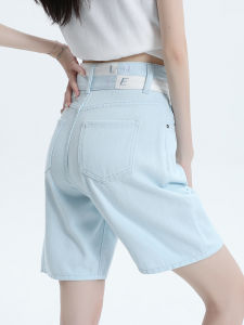 QIAOMIDUO | Summer Embroidered Blue Denim Short Pants Womens Small Size Four Horse Leggings Light Blue High Waist Mid-Calf Colorful Five-Part Pants