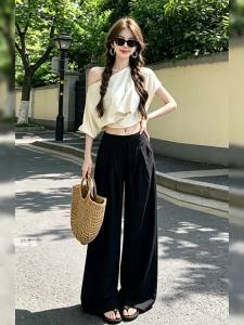 PEIZIXUAN | Bộ Áo Thun Trễ Vai và Quần Ống Rộng Phong Cách Hàn Quốc Cao Cấp